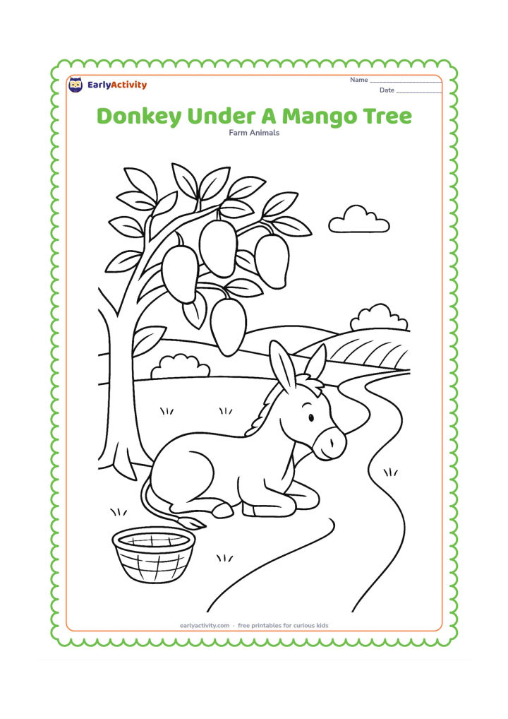 Colouring page: A relaxed donkey rests in the shade beneath a leafy mango tree beside a village path. Show several large mangoes in the canopy, a woven basket on the ground and distant fields.