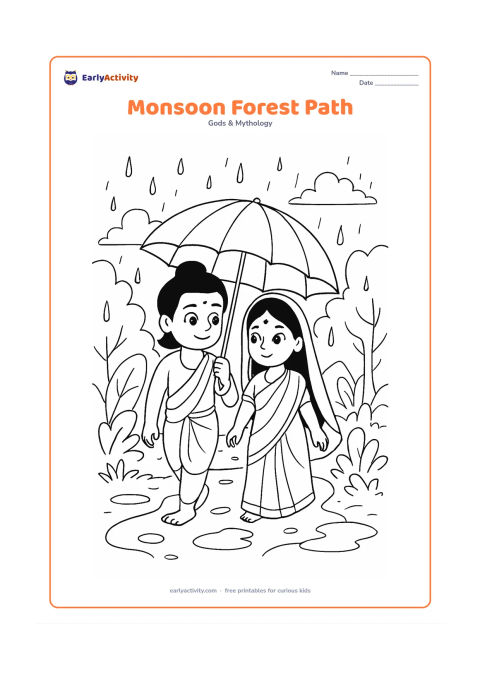 Colouring page: Ram and Sita walk under one shared umbrella along a rainy forest path, with puddles, broad leaves, and distant clouds.