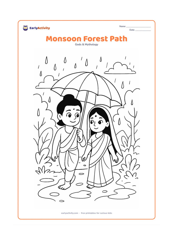 Colouring page: Ram and Sita walk under one shared umbrella along a rainy forest path, with puddles, broad leaves, and distant clouds.