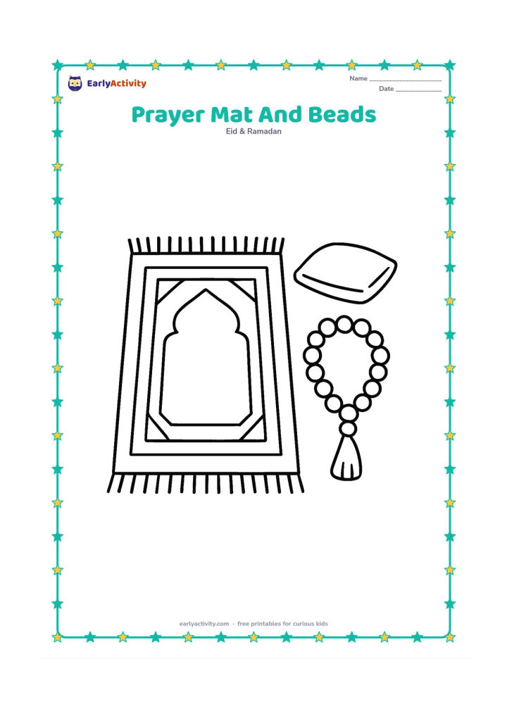 Colouring page: A single patterned prayer mat lies neatly on the floor beside a strand of prayer beads and a small cushion. Use a front-facing, uncluttered arrangement.
