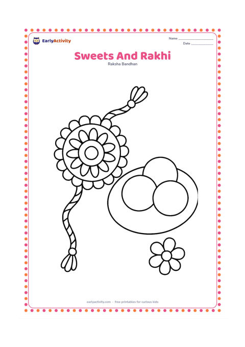 Colouring page: A close-up arrangement shows a large rakhi beside three round sweets on a plain plate and one small flower. Leave the plate and gift surface blank for colouring.