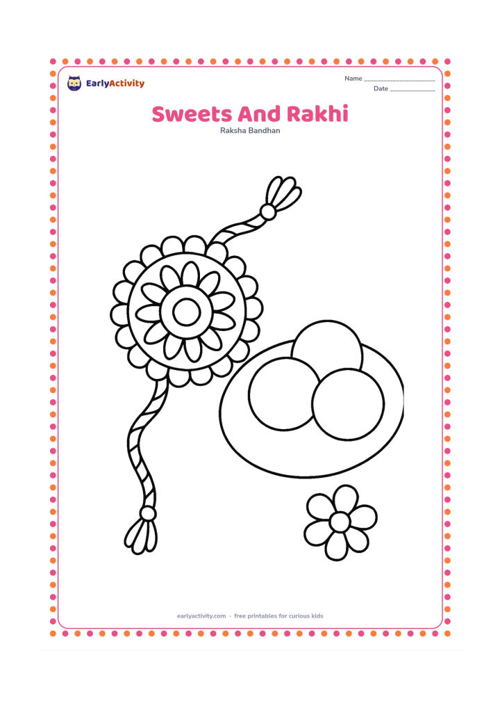 Colouring page: A close-up arrangement shows a large rakhi beside three round sweets on a plain plate and one small flower. Leave the plate and gift surface blank for colouring.