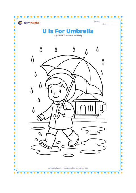 Colouring page: Draw a child holding an open umbrella while walking through a rainy street, with puddles, a few raindrops and a simple Indian-style house with a covered veranda behind. Keep the child…