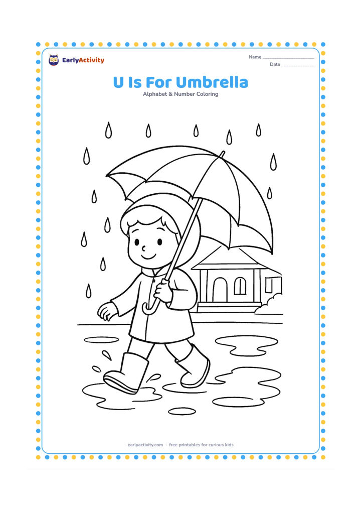 Colouring page: Draw a child holding an open umbrella while walking through a rainy street, with puddles, a few raindrops and a simple Indian-style house with a covered veranda behind. Keep the child…