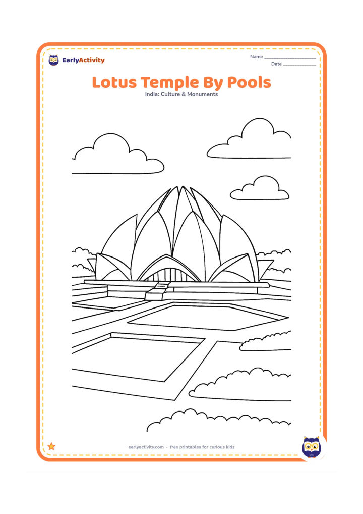 Colouring page: Show a three-quarter view of the Lotus Temple surrounded by several geometric pools, clipped lawns, and a low line of bushes. Include a few broad clouds in the sky.