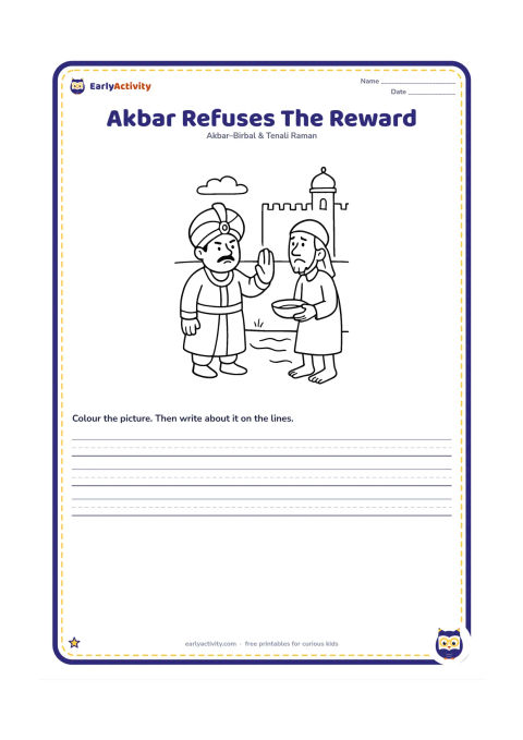 Printable: Show Akbar facing the poor man beside the lake, holding one hand up in refusal while the disappointed man stands respectfully nearby. Include a simple palace wall in the background.