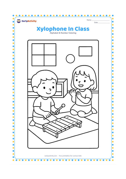 Colouring page: Draw a child seated on a classroom mat, tapping a xylophone while another child claps nearby. Include a low shelf, a window and a few plain wall shapes.