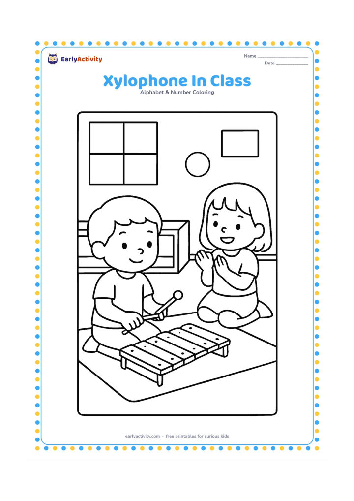 Colouring page: Draw a child seated on a classroom mat, tapping a xylophone while another child claps nearby. Include a low shelf, a window and a few plain wall shapes.