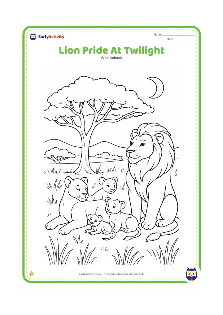 Colouring page: Draw a lion pride resting and grooming beneath a large acacia tree as evening begins. Include a standing lion watching the horizon, cubs near the adults, tall grass, distant hills and a…