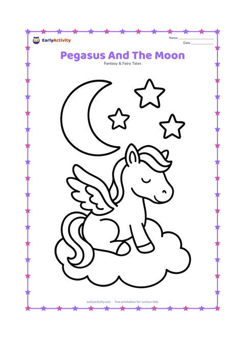 Colouring page: Show a pegasus sitting on a soft cloud beneath a large crescent moon and three big stars. The horse should look peaceful, with folded wings and a flowing tail.