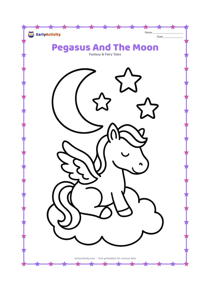 Colouring page: Show a pegasus sitting on a soft cloud beneath a large crescent moon and three big stars. The horse should look peaceful, with folded wings and a flowing tail.