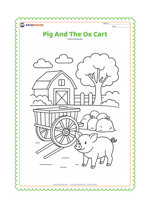 Colouring page: A pig stands beside a stationary traditional ox cart in a rural Indian farmyard, with hay sacks, a wooden fence, a barn-like shed and a large tree behind it. Do not include people or text.