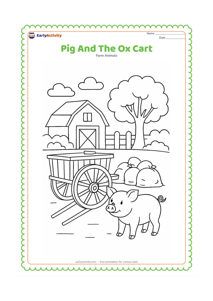 Colouring page: A pig stands beside a stationary traditional ox cart in a rural Indian farmyard, with hay sacks, a wooden fence, a barn-like shed and a large tree behind it. Do not include people or text.