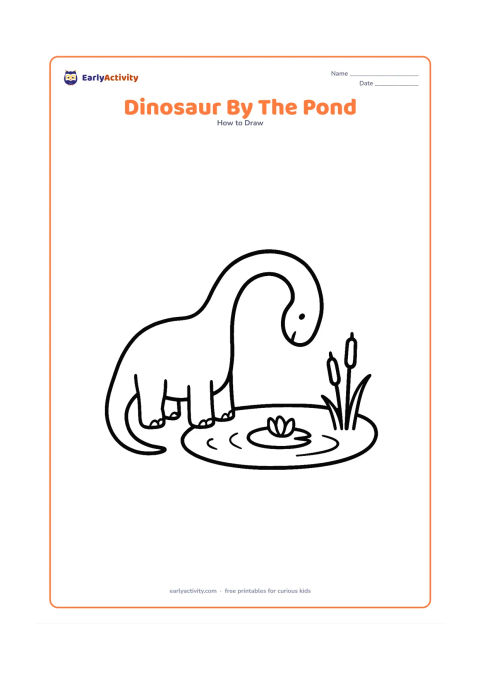 Worksheet: Show a simple dinosaur bending its long neck to look into a pond, with a large body, curved neck, short legs, and tail developed step by step. Add broad water curves, two reeds, and one…