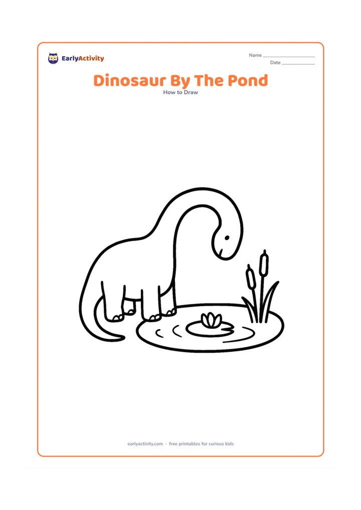 Worksheet: Show a simple dinosaur bending its long neck to look into a pond, with a large body, curved neck, short legs, and tail developed step by step. Add broad water curves, two reeds, and one…