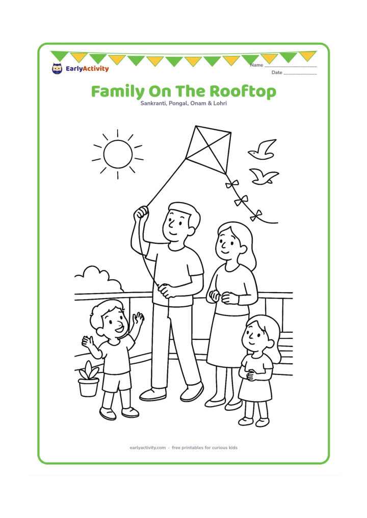 Colouring page: A family group enjoys a sunny kite-flying afternoon on a rooftop terrace, with one person launching a kite, another holding a spool, and a child watching birds.