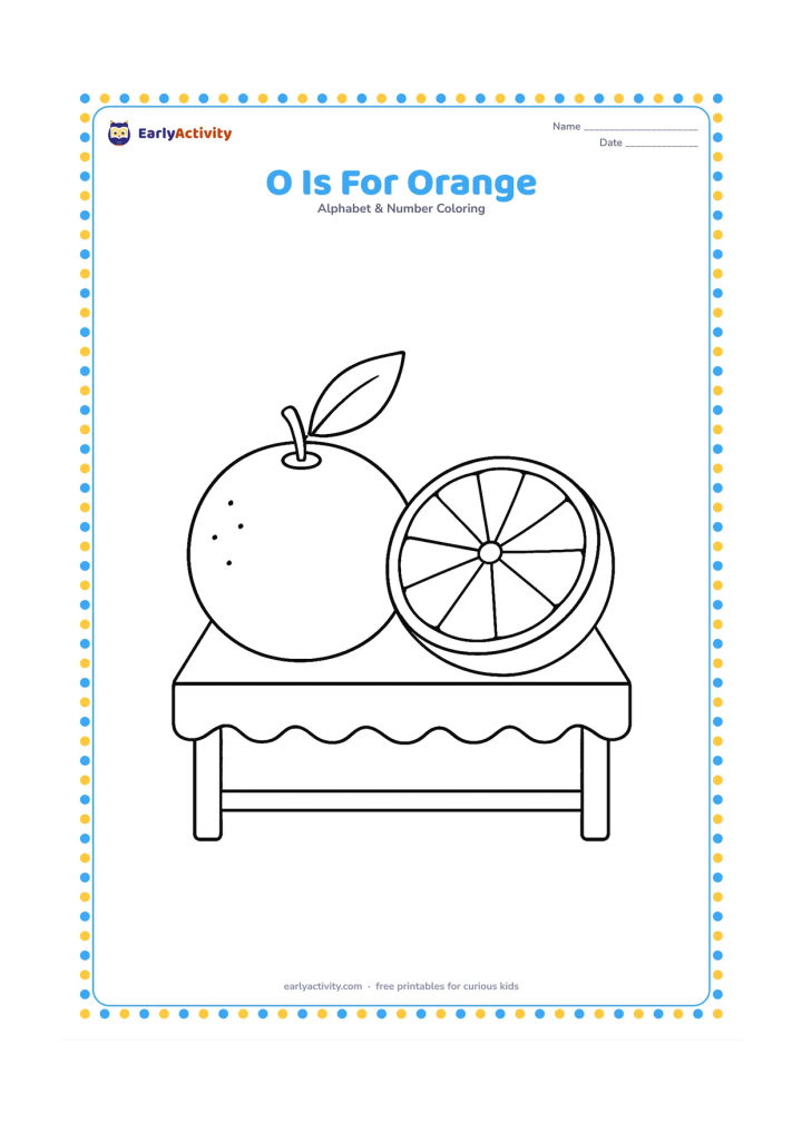 Colouring page: Draw two oranges, one whole and one cut open, on a simple market stall with a cloth edge and one broad leaf. Show the fruit clearly from different views.