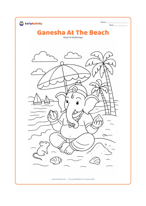 Colouring page: Lord Ganesha sits on a sandy beach beside a decorated parasol, holding a conch and a modak while his mouse rests near a small sand mound. Include waves, seashells, palm trees, fishing…