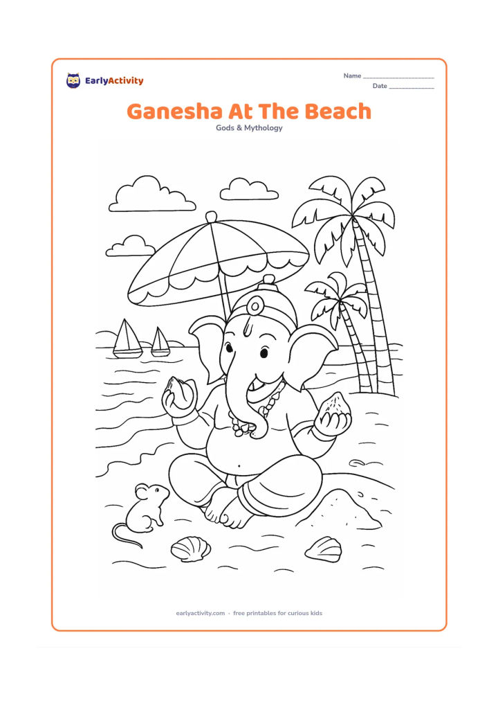 Colouring page: Lord Ganesha sits on a sandy beach beside a decorated parasol, holding a conch and a modak while his mouse rests near a small sand mound. Include waves, seashells, palm trees, fishing…