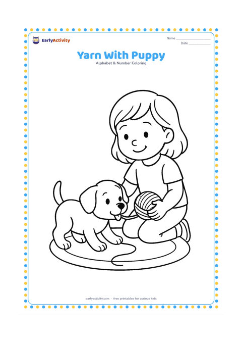 Colouring page: Draw a puppy gently tugging a loose strand from a yarn ball while a child kneels nearby holding the ball. Place both on a simple rug.