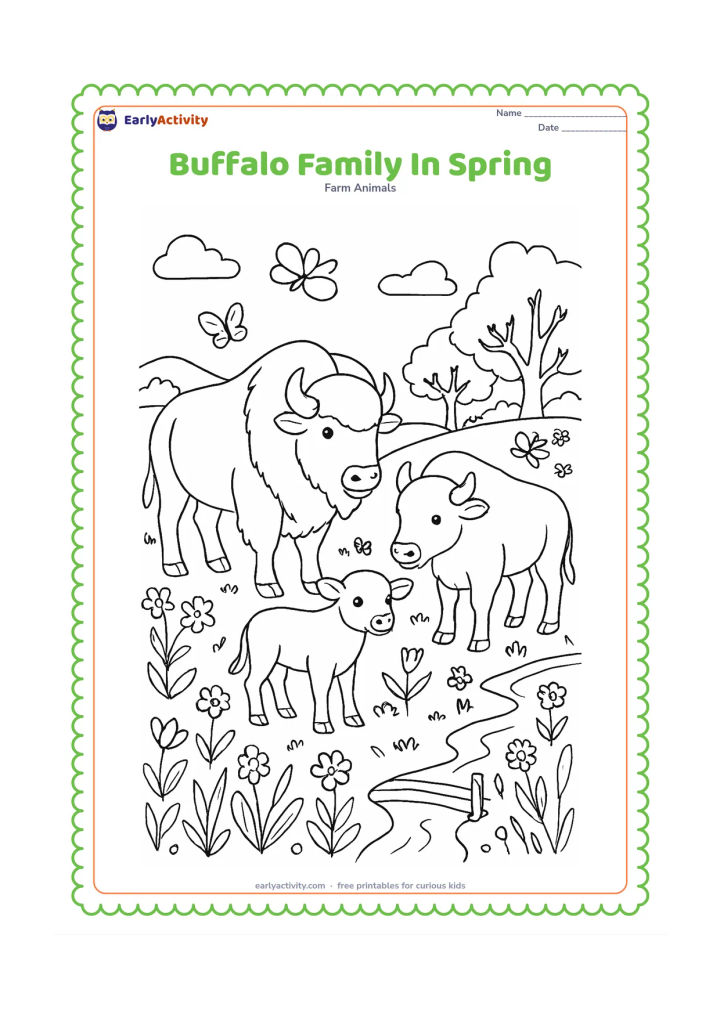 Colouring page: Draw an adult buffalo, a second adult buffalo and a calf together in a flowering spring meadow. Add butterflies, wildflowers, a small stream, a footbridge and leafy trees in the distance.