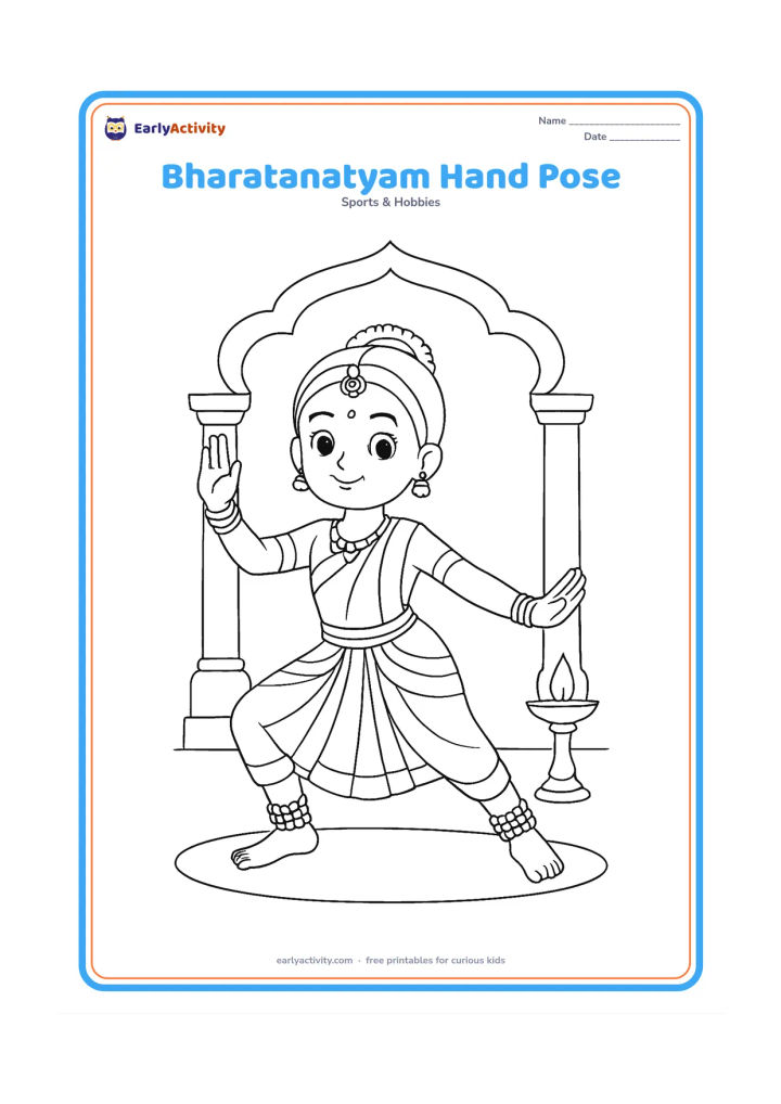 Colouring page: Draw one child performing a balanced Bharatanatyam-inspired pose with bent knees, one hand held outward and the other raised. Include ankle bells, a simple temple-style arch and a floor…