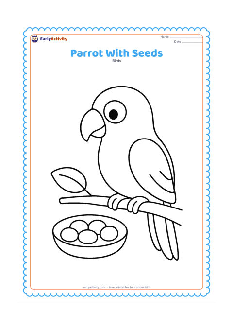 Colouring page: Draw a parrot beside a small open dish filled with large round seeds, looking down toward the dish. Include one broad leaf and a short branch under the bird.