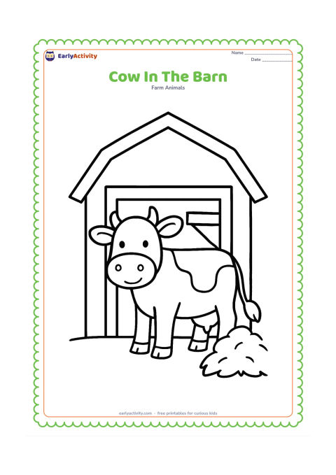 Colouring page: A cow stands in the open doorway of a simple barn, with a hay pile and one broad wooden beam visible behind it. Show the cow looking out toward the viewer.