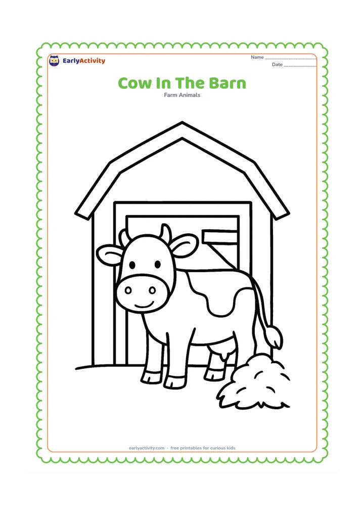 Colouring page: A cow stands in the open doorway of a simple barn, with a hay pile and one broad wooden beam visible behind it. Show the cow looking out toward the viewer.