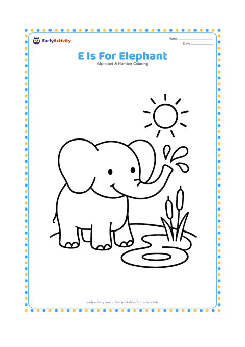 Colouring page: Draw a friendly elephant spraying a small fountain of water beside a pond, with two reeds and a sun overhead. Keep the elephant large and centered.