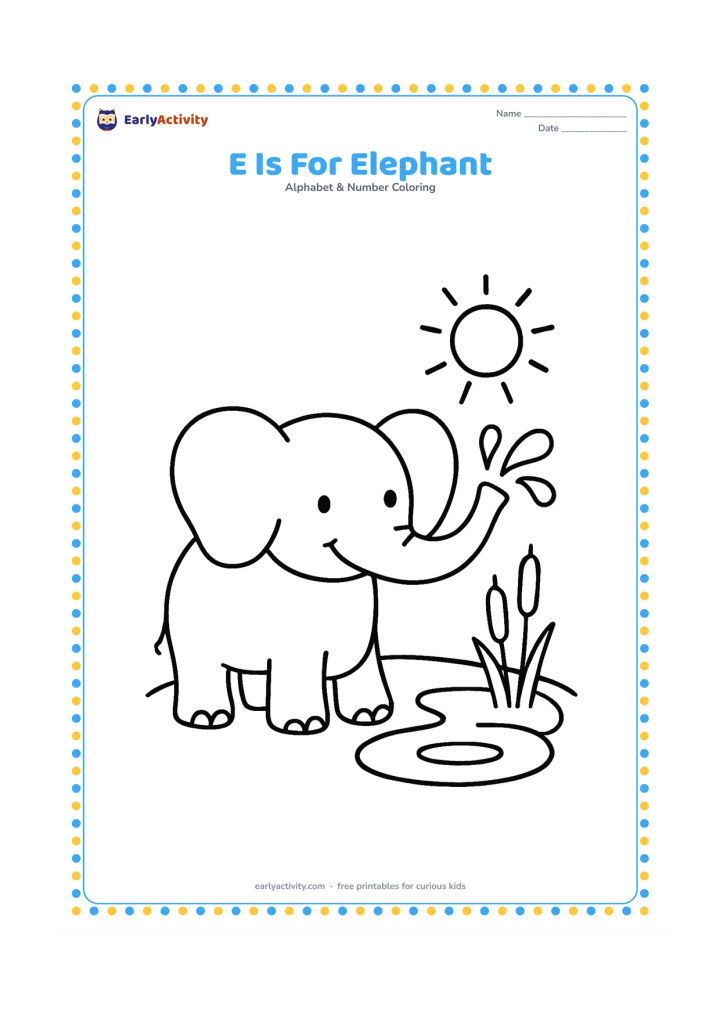 Colouring page: Draw a friendly elephant spraying a small fountain of water beside a pond, with two reeds and a sun overhead. Keep the elephant large and centered.
