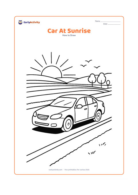 Worksheet: Show a detailed car driving along a quiet road at sunrise, with long shadows, a low sun, fields, a small row of trees and birds as simple distant shapes. Include the car's windows,…