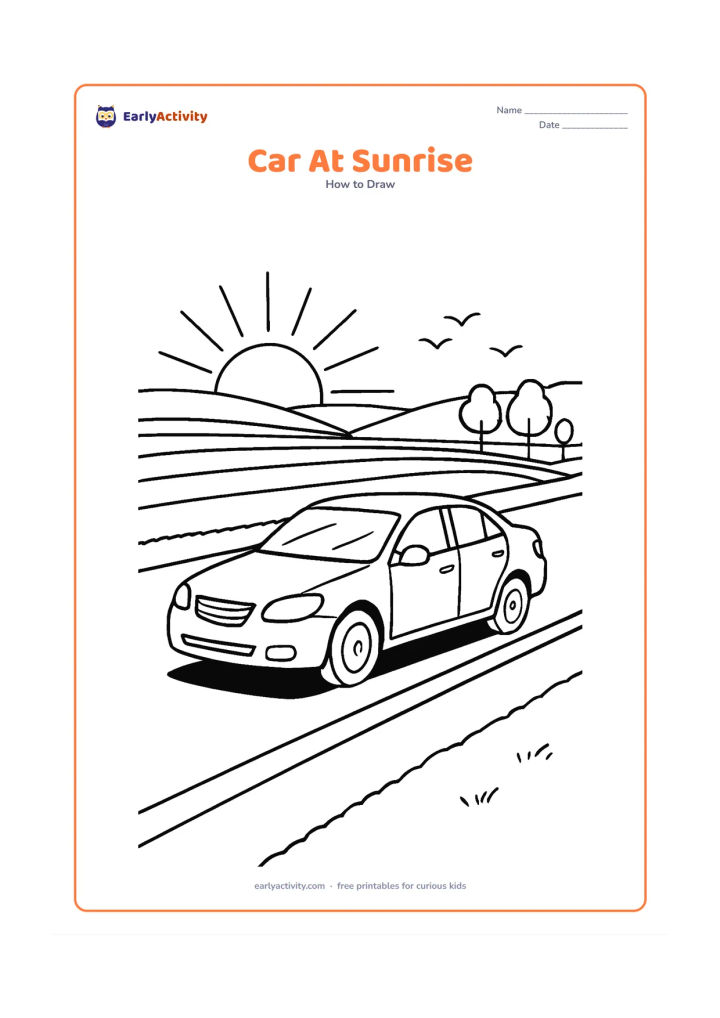 Worksheet: Show a detailed car driving along a quiet road at sunrise, with long shadows, a low sun, fields, a small row of trees and birds as simple distant shapes. Include the car's windows,…