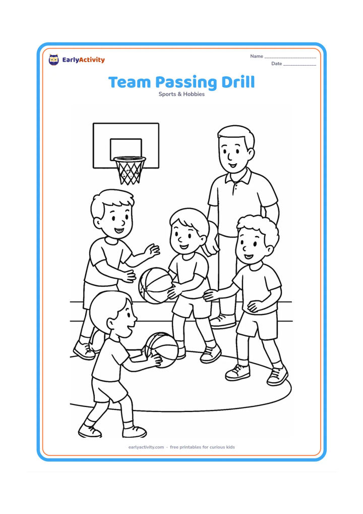 Colouring page: Four young players form a loose circle while passing two basketballs, with a coach standing nearby and a simple indoor court behind them. Show a hoop and net in the background.