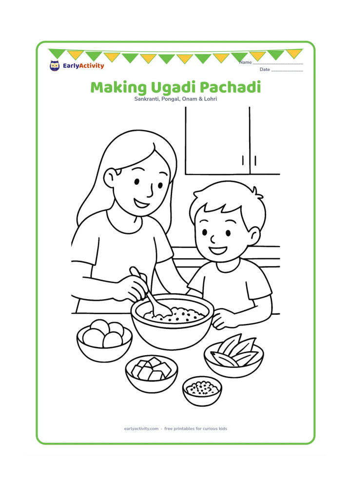 Colouring page: A parent and child mix Ugadi pachadi in a bowl on a kitchen counter, with small bowls of fruit, jaggery, neem leaves and spices nearby.