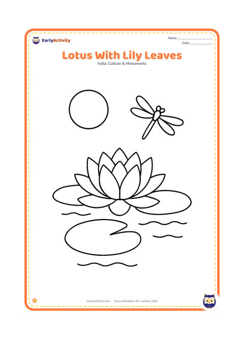 Colouring page: Draw a large open lotus floating among three broad lily leaves on calm water. Add one dragonfly-shaped outline and a soft sun in the background.