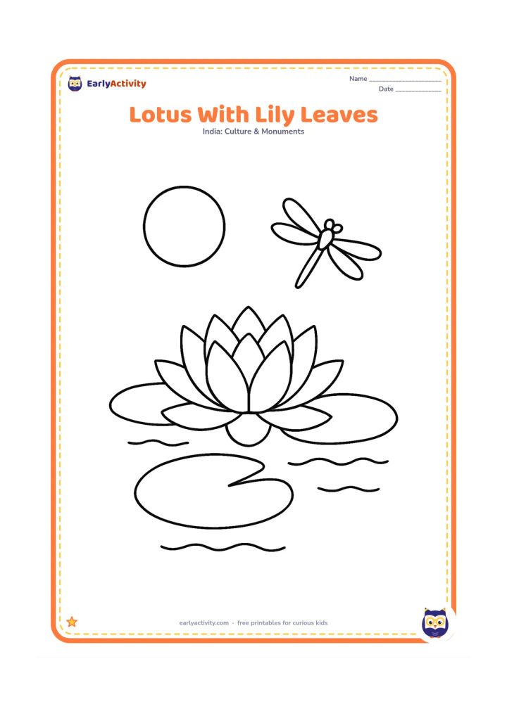 Colouring page: Draw a large open lotus floating among three broad lily leaves on calm water. Add one dragonfly-shaped outline and a soft sun in the background.