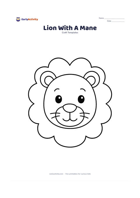Worksheet: Draw a front-facing lion head with a large round mane, two clear ears, big eyes and a simple muzzle. Add three large mane sections around the head without placing any background objects…