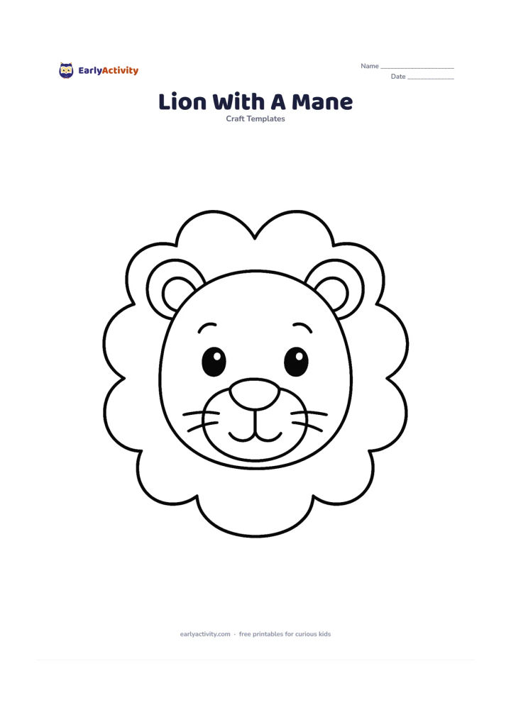 Worksheet: Draw a front-facing lion head with a large round mane, two clear ears, big eyes and a simple muzzle. Add three large mane sections around the head without placing any background objects…