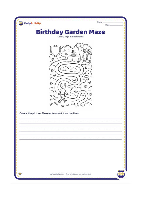 Worksheet: Draw a child following a simple garden maze toward a birthday table with cake and balloons, while two friends wait at the finish. Surround the maze with hedges, flowers, stepping stones,…