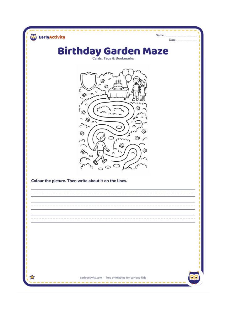 Worksheet: Draw a child following a simple garden maze toward a birthday table with cake and balloons, while two friends wait at the finish. Surround the maze with hedges, flowers, stepping stones,…