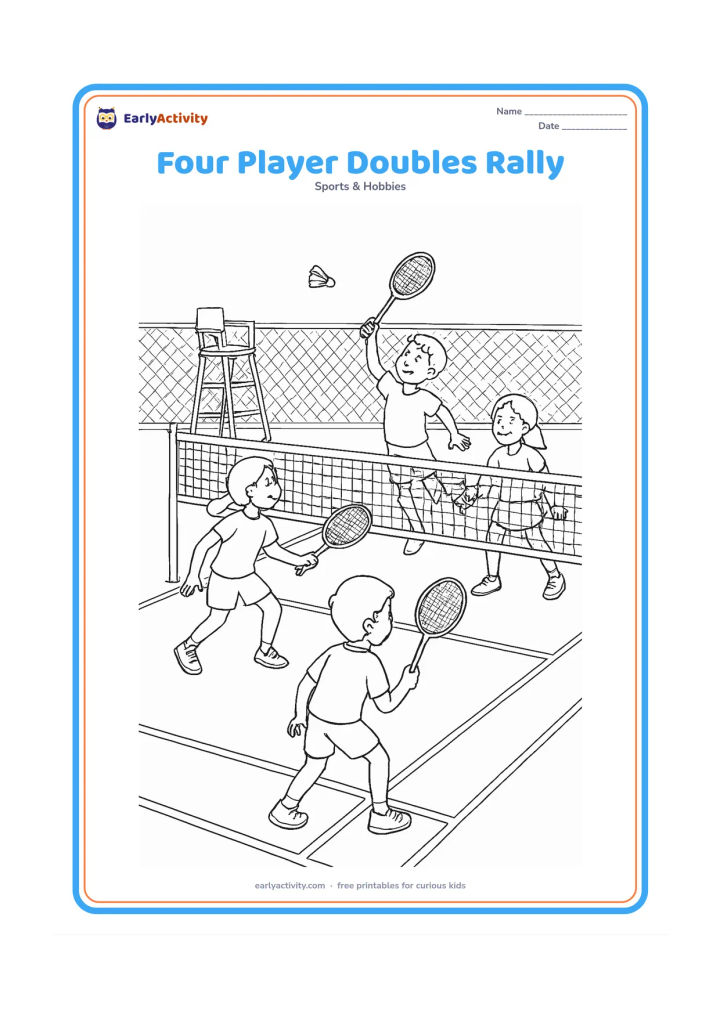 Colouring page: Draw four players in two teams moving through a doubles rally, with one player jumping for a shuttlecock and teammates covering the court. Include the full net, detailed court markings,…