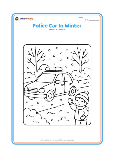 Colouring page: Draw a police car travelling on a lightly snowy road, with roof lights, mirrors, wheel hubs and a plain door badge. Add bare trees, snow-covered bushes and a child wearing a warm hat…