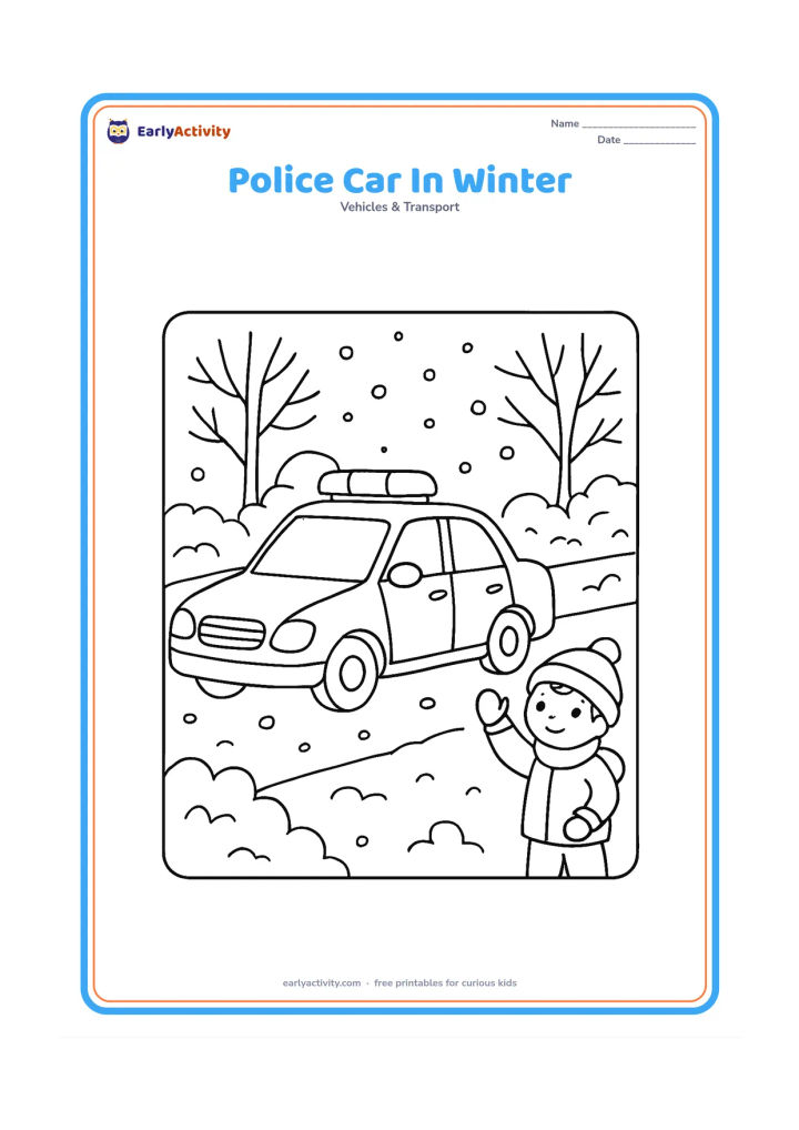 Colouring page: Draw a police car travelling on a lightly snowy road, with roof lights, mirrors, wheel hubs and a plain door badge. Add bare trees, snow-covered bushes and a child wearing a warm hat…