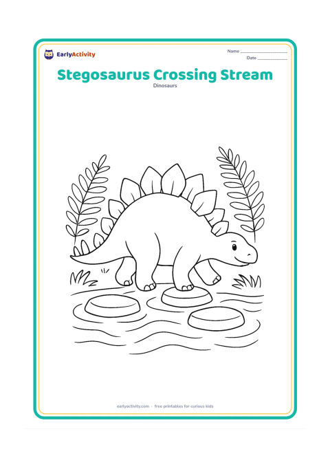 Colouring page: Draw a stegosaurus carefully stepping across a shallow stream using three flat stepping stones. Show flowing water lines, ferns on both banks, and its plates and tail spikes in clear…
