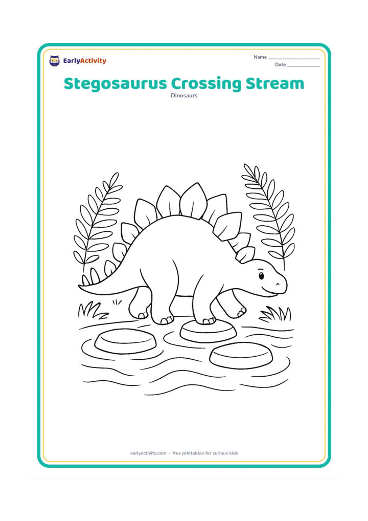 Colouring page: Draw a stegosaurus carefully stepping across a shallow stream using three flat stepping stones. Show flowing water lines, ferns on both banks, and its plates and tail spikes in clear…