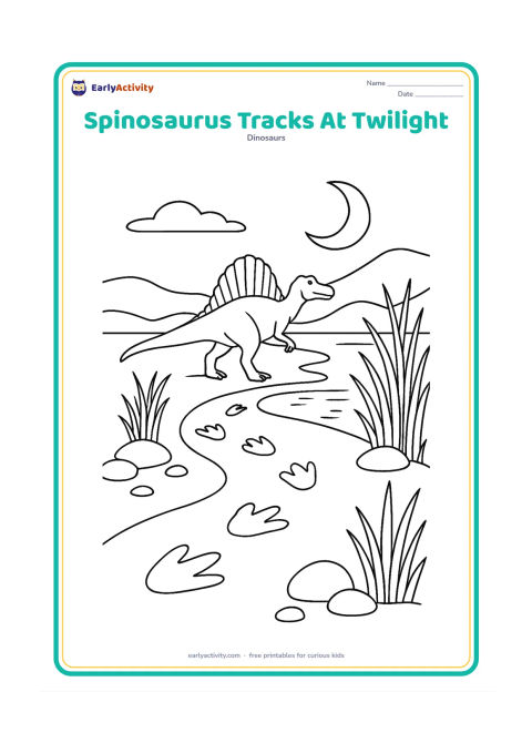 Colouring page: A Spinosaurus follows a curving trail of footprints toward a river at twilight. Show the dinosaur in the distance with its sail visible, and add tall reeds, smooth stones, a crescent…