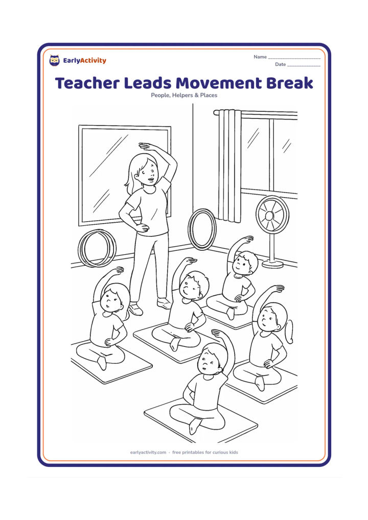 Colouring page: In a bright activity room, a teacher demonstrates a stretching pose while six children copy the movement on individual floor mats. Include a wall mirror with no reflections or writing,…