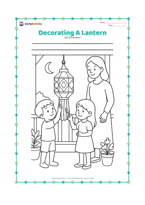 Colouring page: Draw two children decorating a hanging lantern with simple geometric panels while an adult watches nearby. Set the scene on a veranda with potted plants and a crescent moon in the…