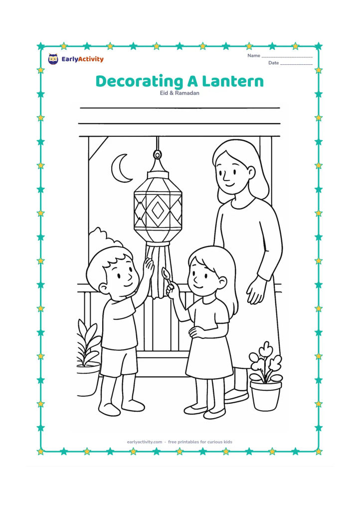 Colouring page: Draw two children decorating a hanging lantern with simple geometric panels while an adult watches nearby. Set the scene on a veranda with potted plants and a crescent moon in the…